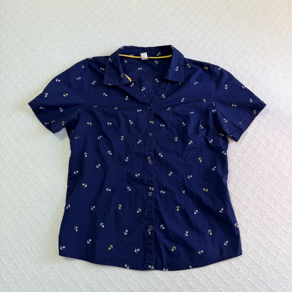 Basic Editions Navy Blue Anchor Print Short Sleeve Button Up Shirt Mens Large